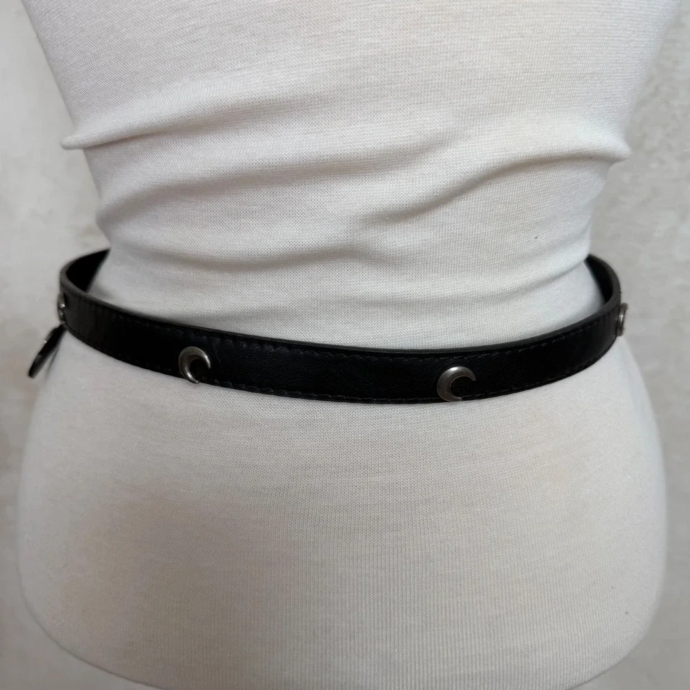 Womens Black Faux Leather Slim Belt Silver Crescent Moon Studs Oval Buckle Y2K